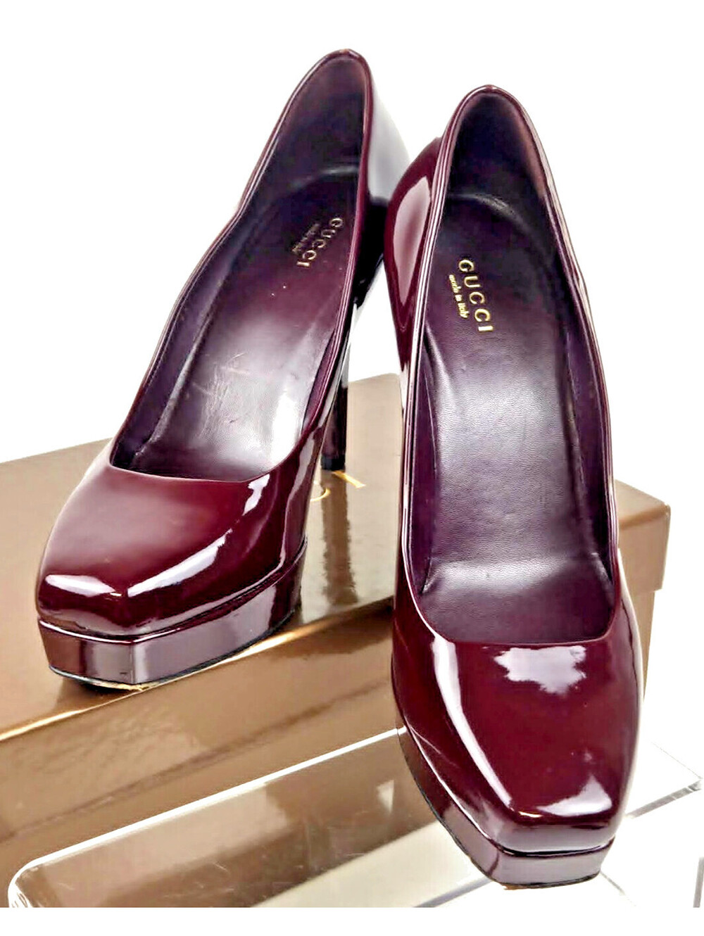 Gucci Burgundy Patent Leather Platform Pumps Heels EU 38 Italy w/ box